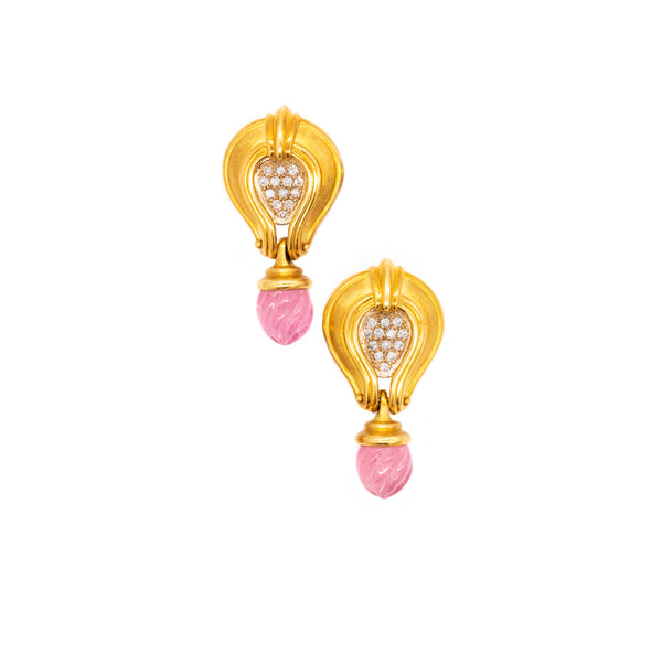 SEIDENGANG LONG EARRINGS IN 18 KT GOLD WITH 17.30 Cts DIAMONDS & PINK TOURMALINE