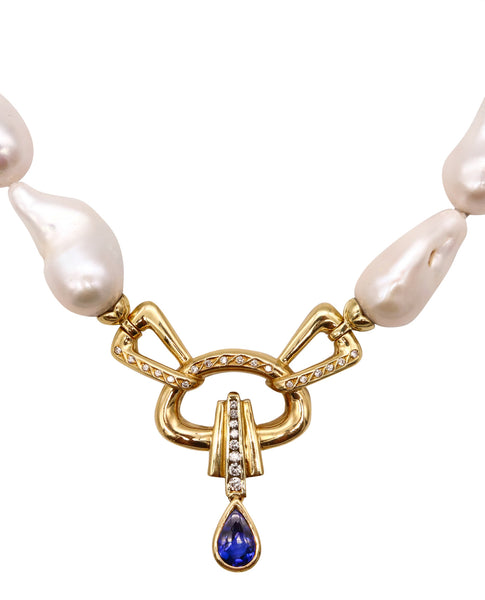 Italian Modern Necklace In 18Kt Yellow Gold With Baroque Pearls And 5.60 Cts In Diamonds And Sapphire