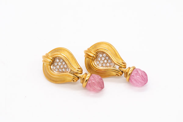 SEIDENGANG LONG EARRINGS IN 18 KT GOLD WITH 17.30 Cts DIAMONDS & PINK TOURMALINE