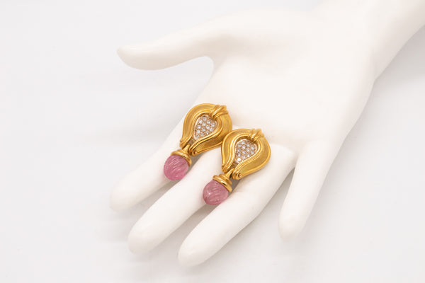 SEIDENGANG LONG EARRINGS IN 18 KT GOLD WITH 17.30 Cts DIAMONDS & PINK TOURMALINE