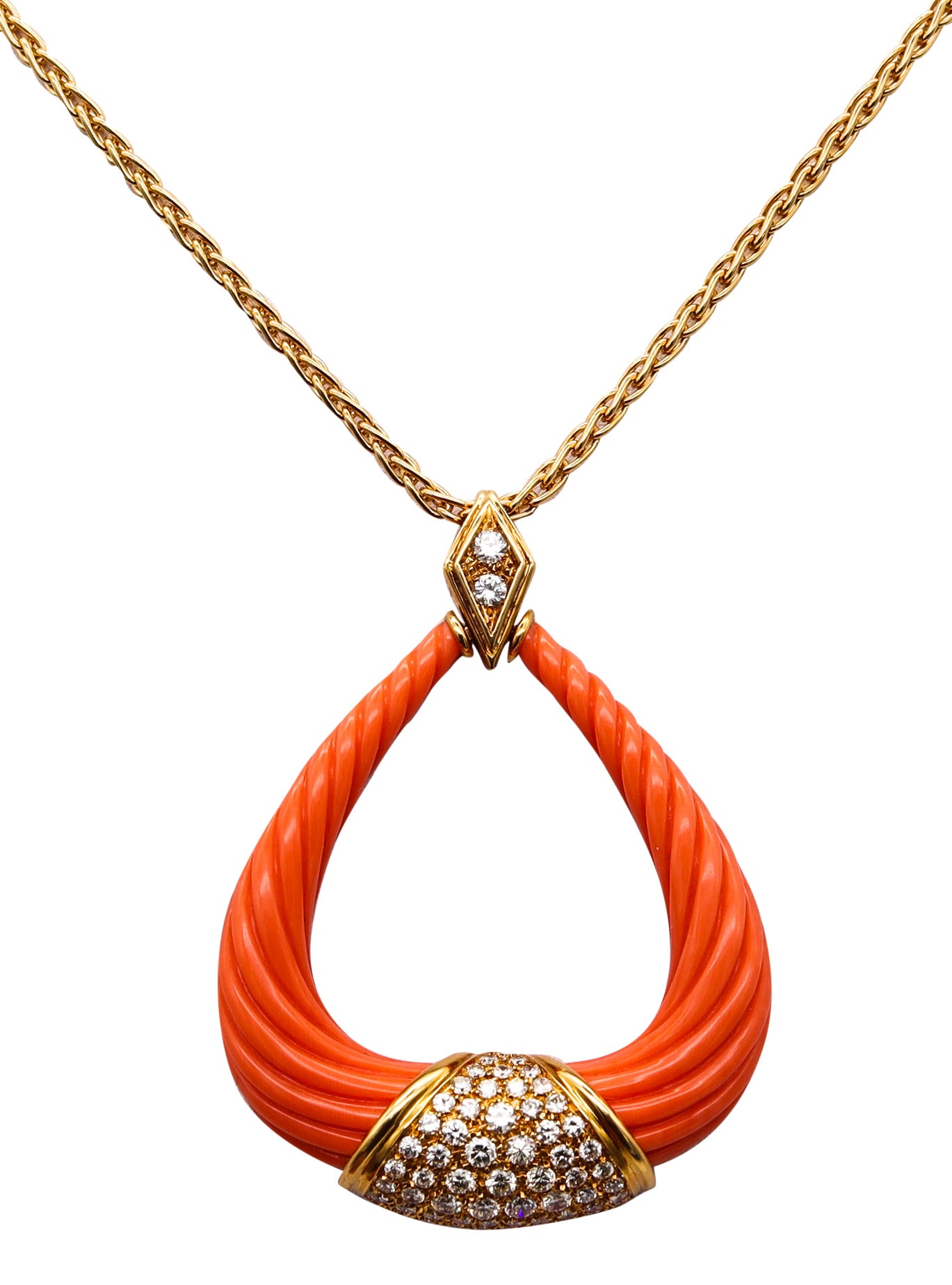 Vintage 1970 Fluted Coral Necklace Pendant In 18Kt Yellow Gold With 3.12 Cts In VVS Diamonds