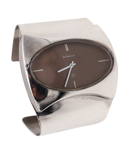 -Gubelin 1973 Swiss Retro Space Era Wrist Watch Cuff Bracelet In .925 Sterling Silver