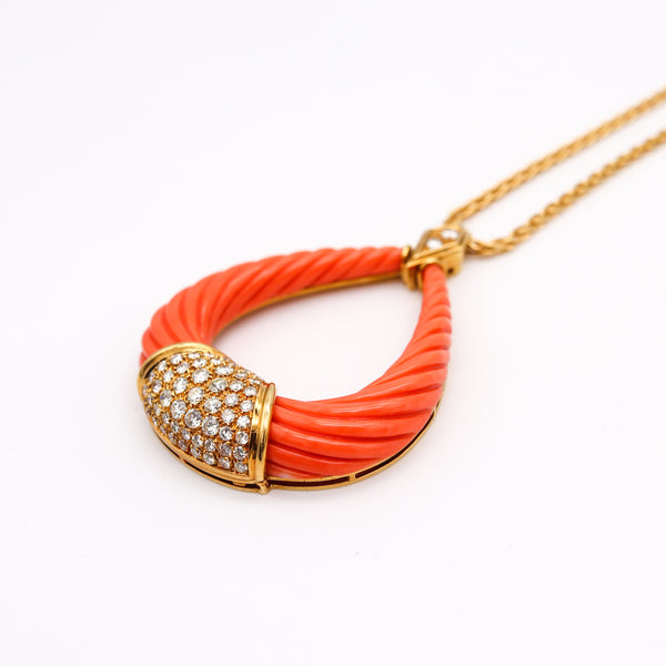 Vintage 1970 Fluted Coral Necklace Pendant In 18Kt Yellow Gold With 3.12 Cts In VVS Diamonds