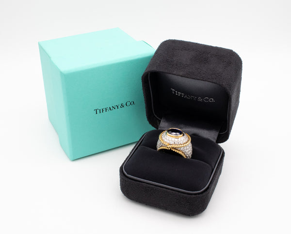 TIFFANY & CO. PLATINUM / 18 KT RING WITH 7.79 Ctw IN DIAMONDS AND CEYLON SAPPHIRE AGL CERT