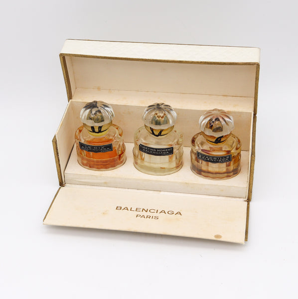 Balenciaga 1950 Paris Perfume Crystal Bottles Trio In Coffret Set Le Dix Fuites Des Heures And Quadrille