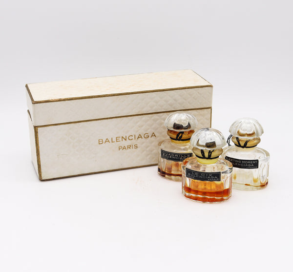 Balenciaga 1950 Paris Perfume Crystal Bottles Trio In Coffret Set Le Dix Fuites Des Heures And Quadrille