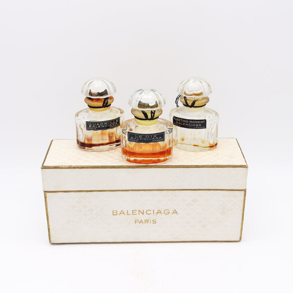 Balenciaga 1950 Paris Perfume Crystal Bottles Trio In Coffret Set Le Dix Fuites Des Heures And Quadrille