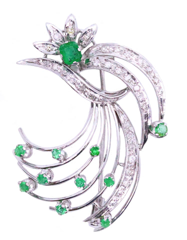 MID CENTURY 1950 EMERALDS & DIAMONDS 18 KT PIN BROOCH