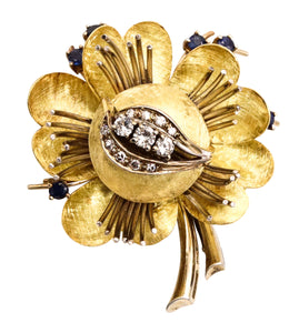 Italian 1960 Retro Convertible Pendant Brooch In 18Kt Gold With 1.12 Cts In Diamonds And Sapphires