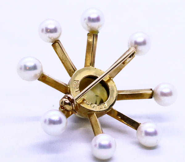 SWEDISH 18 KT GOLD CITRINE & PEARLS STAR PIN BROOCH