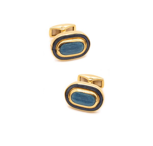 Leo De Vroomen London Rare Pair Of Blue Enameled Cufflinks In Solid 18Kt Yellow Gold