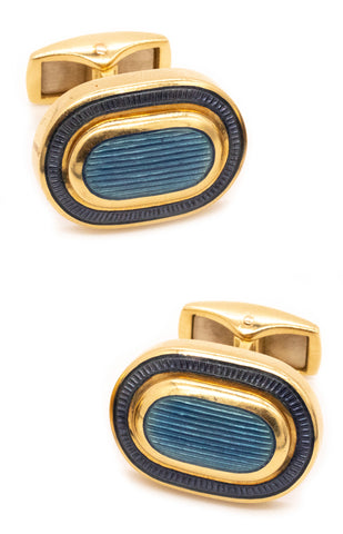 Leo De Vroomen London Rare Pair Of Blue Enameled Cufflinks In Solid 18Kt Yellow Gold