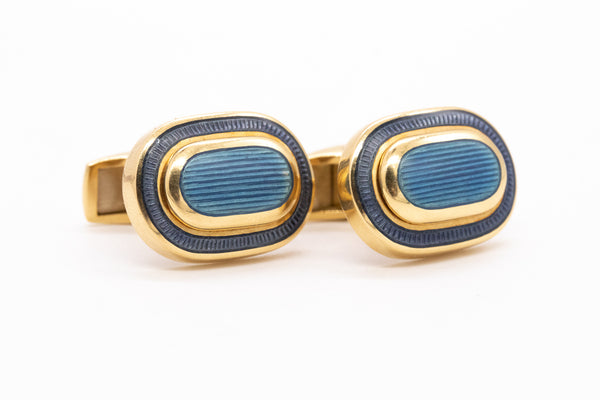 Leo De Vroomen London Rare Pair Of Blue Enameled Cufflinks In Solid 18Kt Yellow Gold