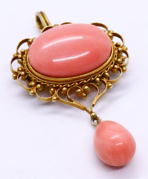 CORAL ITALIAN ANTIQUE GOLD FILIGREE PENDANT BROOCH