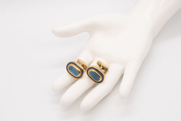 Leo De Vroomen London Rare Pair Of Blue Enameled Cufflinks In Solid 18Kt Yellow Gold