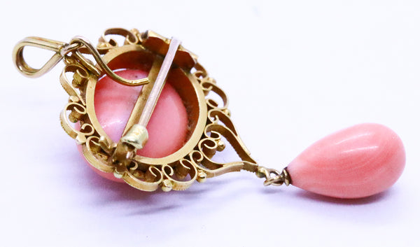 CORAL ITALIAN ANTIQUE GOLD FILIGREE PENDANT BROOCH