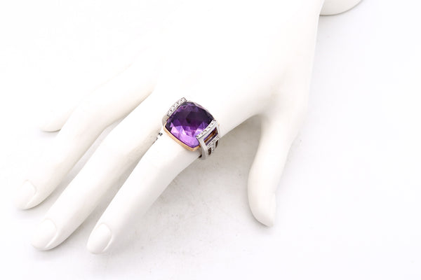 Salavetti Italy Geometric Cocktail Ring In 18Kt White Gold With 23.51 Cts In Diamonds And Amethyst