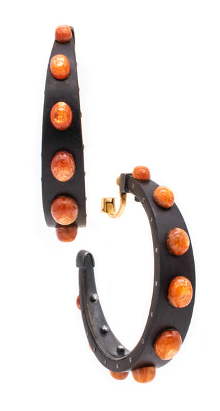 LUZ CAMINO 18 KT GOLD / STERLING EAR HOOPS IN WOOD WITH 20.82 Ctw OF DIAMONDS & GOLDEN QUARTZ