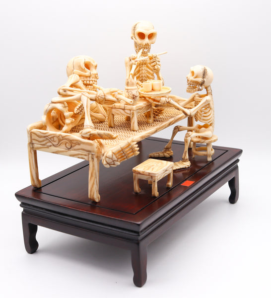 +Japan 1890 Meiji Period Signed Okimono Sculpture Of A Group Of Skeletons Smoking