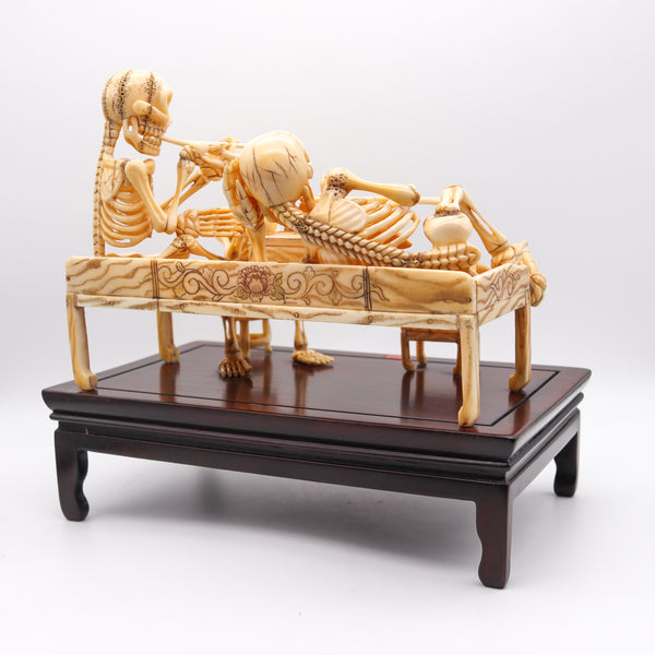 +Japan 1890 Meiji Period Signed Okimono Sculpture Of A Group Of Skeletons Smoking