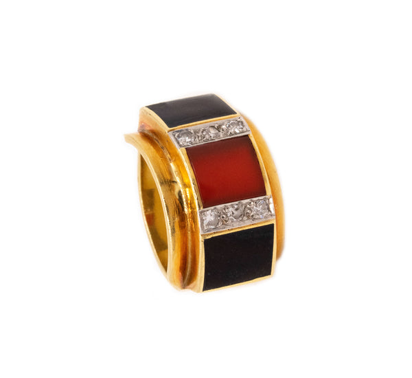 German 1970 Modernist Ring In 18Kt Yellow Gold With Diamonds Carnelian And Onyx