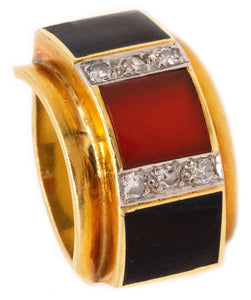 German 1970 Modernist Ring In 18Kt Yellow Gold With Diamonds Carnelian And Onyx