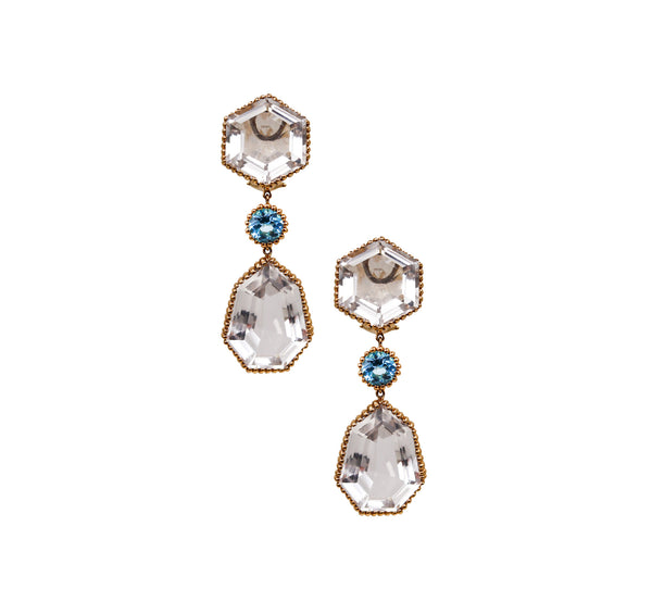 Italian Dangle Drop Earrings In 18Kt Gold With 44.5 Cts In Rock Quartz And Topaz