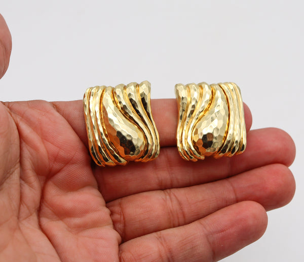 Henry Dunay New York Large Faceted Textured Earrings Hammered 18Kt Yellow Gold