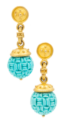 ETRUSCAN LONG DROP EARRINGS IN 18 KT YELLO GOLD WITH CARVED TURQUOISES