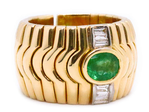 FLEXIBLE 18 KT GOLD RING WITH EMERALDS AND DIAMONDS