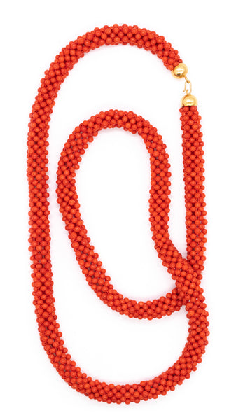 Vintage Italian Necklace Sautoir In 18Kt Yellow Gold With Sardinian Red Coral