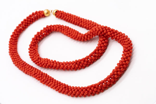 Vintage Italian Necklace Sautoir In 18Kt Yellow Gold With Sardinian Red Coral