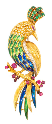 PARADISE BIRD BROOCH IN 18 KT GOLD WITH 3.28 Ctw IN DIAMONDS, EMERALD & RUBIES