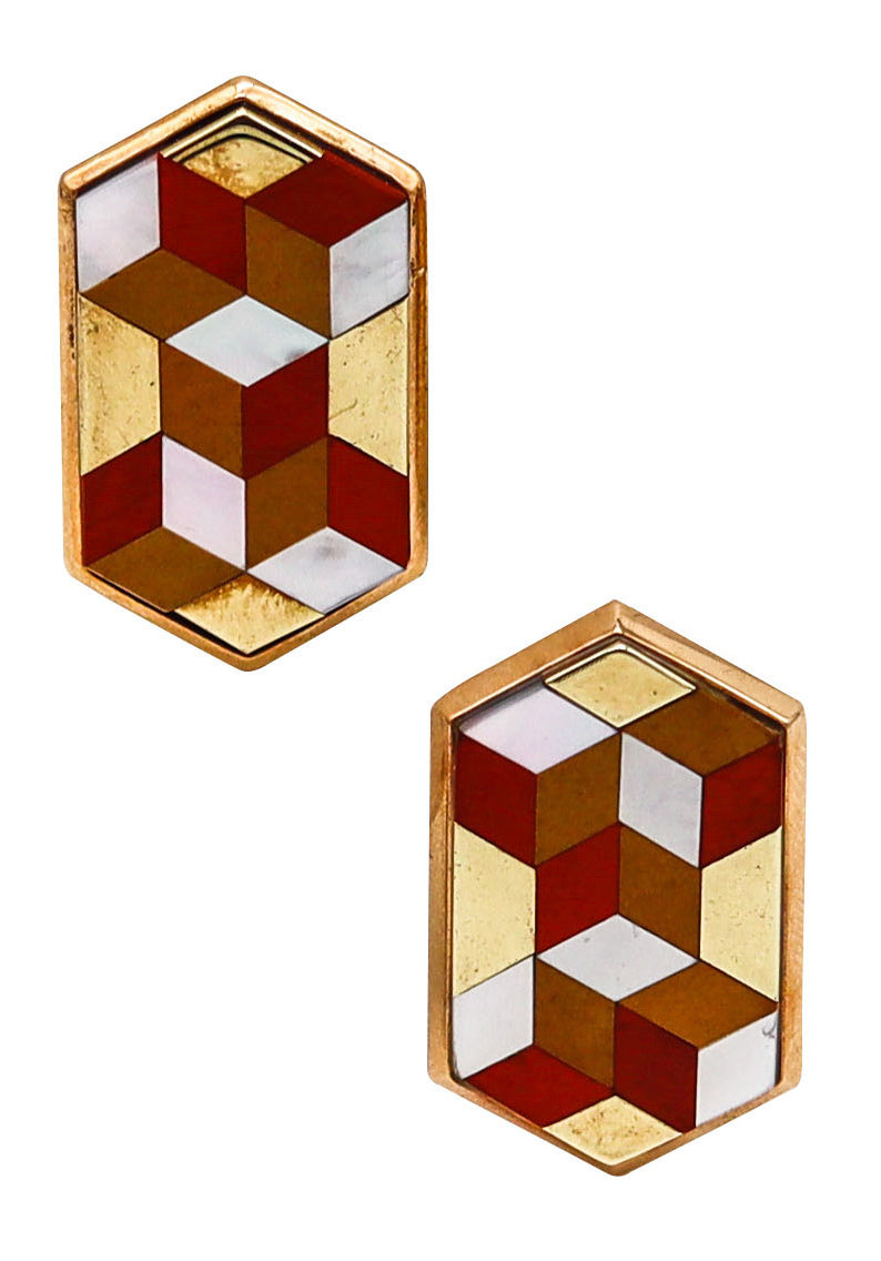 -Victor Vasarely 1985 Op Art Sculptural Geometric Earrings In 14Kt Gold With Gemstones