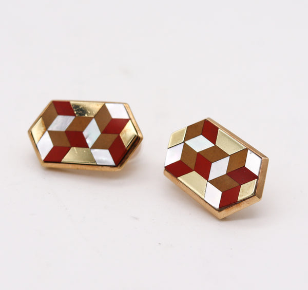 -Victor Vasarely 1985 Op Art Sculptural Geometric Earrings In 14Kt Gold With Gemstones
