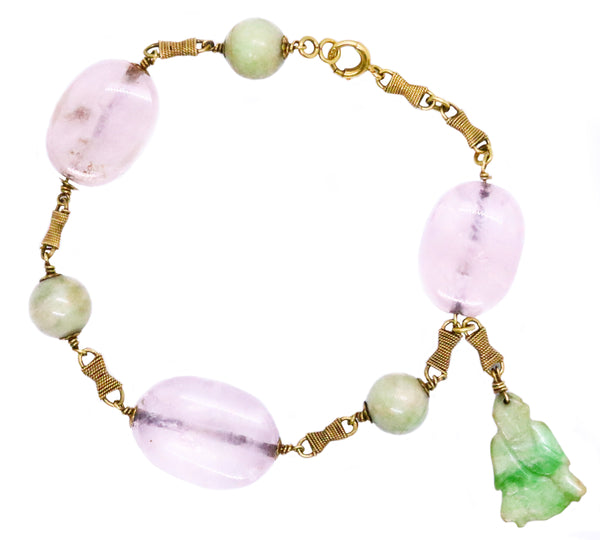 ANTIQUE MONK JADEITE JADE & ROSE QUARTZ GOLD BRACELET