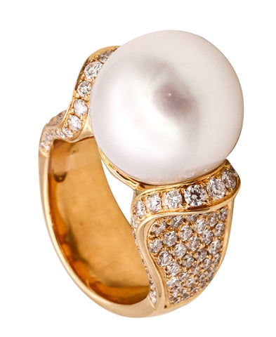 Hans D Krieger 18Kt Gold Ring With Diamonds And 13.5 MM Round White Pearl