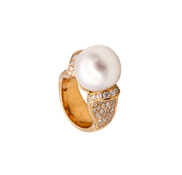 Hans D Krieger 18Kt Gold Ring With Diamonds And 13.5 MM Round White Pearl