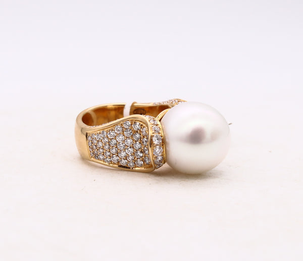 Hans D Krieger 18Kt Gold Ring With Diamonds And 13.5 MM Round White Pearl