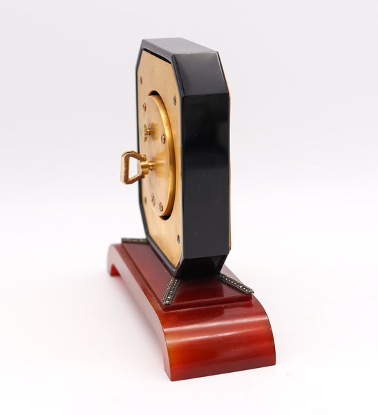 Cartier Paris 1935 Rare Art Deco Geometric Desk Clock In Black Onyx And Agate