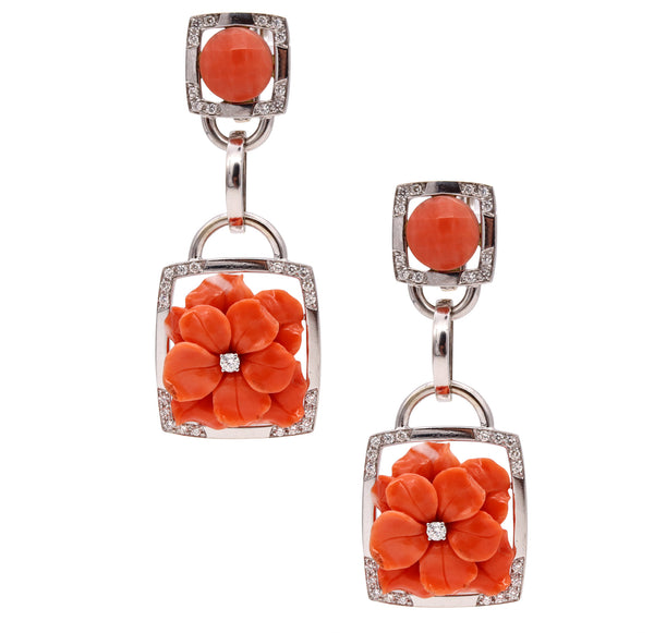 Sabbadini Milano Long Jeweled Earrings In 18Kt White Gold With 3.45 Cts In VS Diamonds And Coral