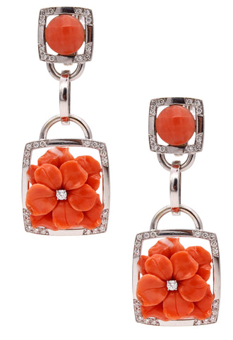 Sabbadini Milano Long Jeweled Earrings In 18Kt White Gold With 3.45 Cts In VS Diamonds And Coral