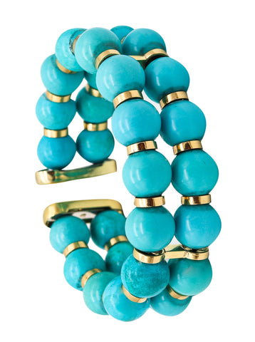 -Italian Modern Double Bangle Cuff With Natural Turquoises In 18Kt Yellow Gold