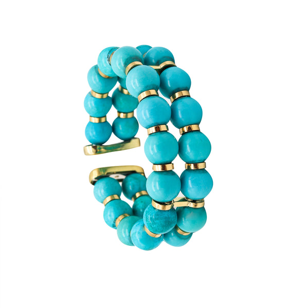 -Italian Modern Double Bangle Cuff With Natural Turquoises In 18Kt Yellow Gold