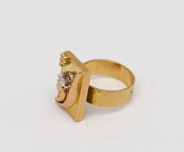 -Jean Després 1950 Paris Artistic Geometric Ring In 18Kt Gold With Diamond