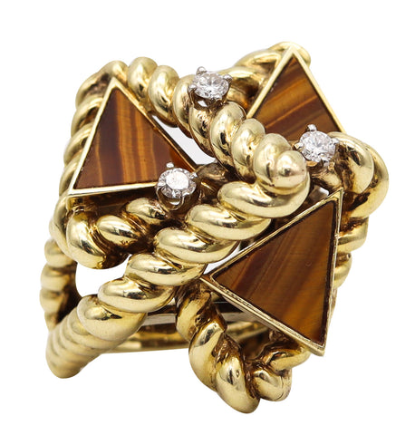 LA TRIOMPHE 1970 Geometric Cocktail Ring In 14Kt Gold With Diamonds & Tiger Eye