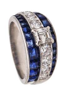 (S)Raymond C. Yard 1940 Art Deco Ring In Platinum With 3.12 Cts In Diamonds And Ceylon Sapphires