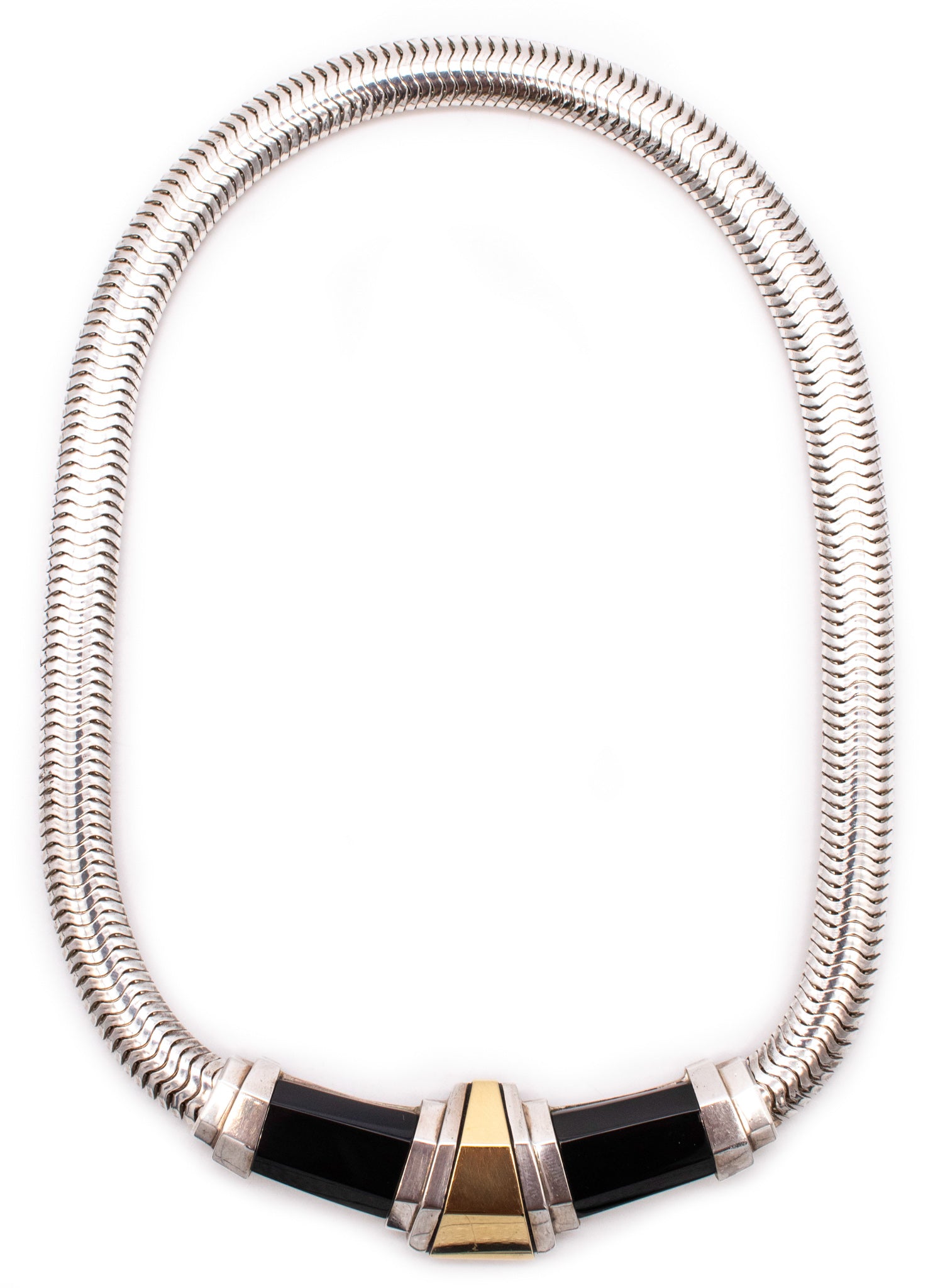 CARTIER 1930 ART DECO 18 KT GOLD & STERLING TUBOGAS NECKLACE WITH BLACK ONYX