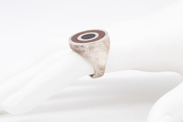 *Puig Doria 1970 Modernist Geometric Round Ring In Sterling Silver With Rosewood & Ebony