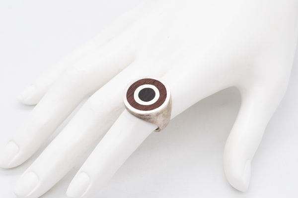 *Puig Doria 1970 Modernist Geometric Round Ring In Sterling Silver With Rosewood & Ebony